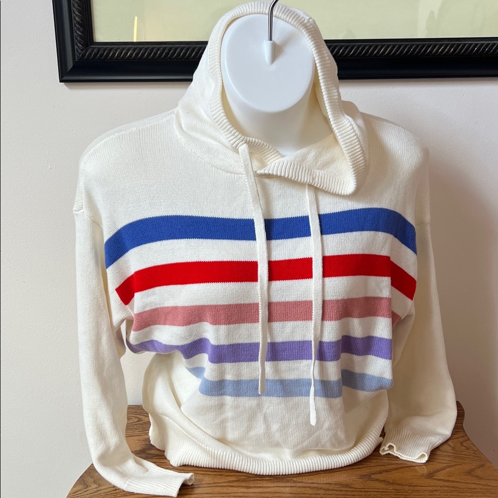 Women's Striped Pullover Hoodie - Cream with Blue, Red & Pastel Stripes,